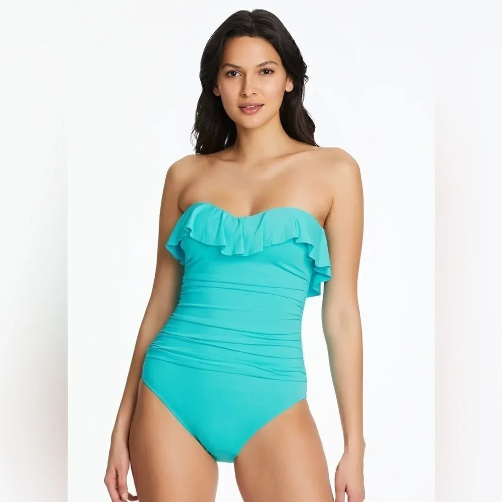 Bleu by Rod Beattie Shirred Ruffle Bandeau  One-Piece Swimsuit Wave Runner 8